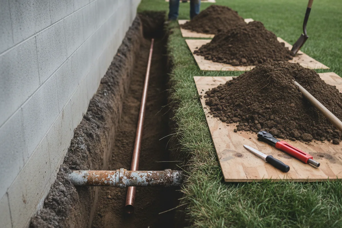 Excavated water line trench during Sewer Line Repair in Blowing Rock